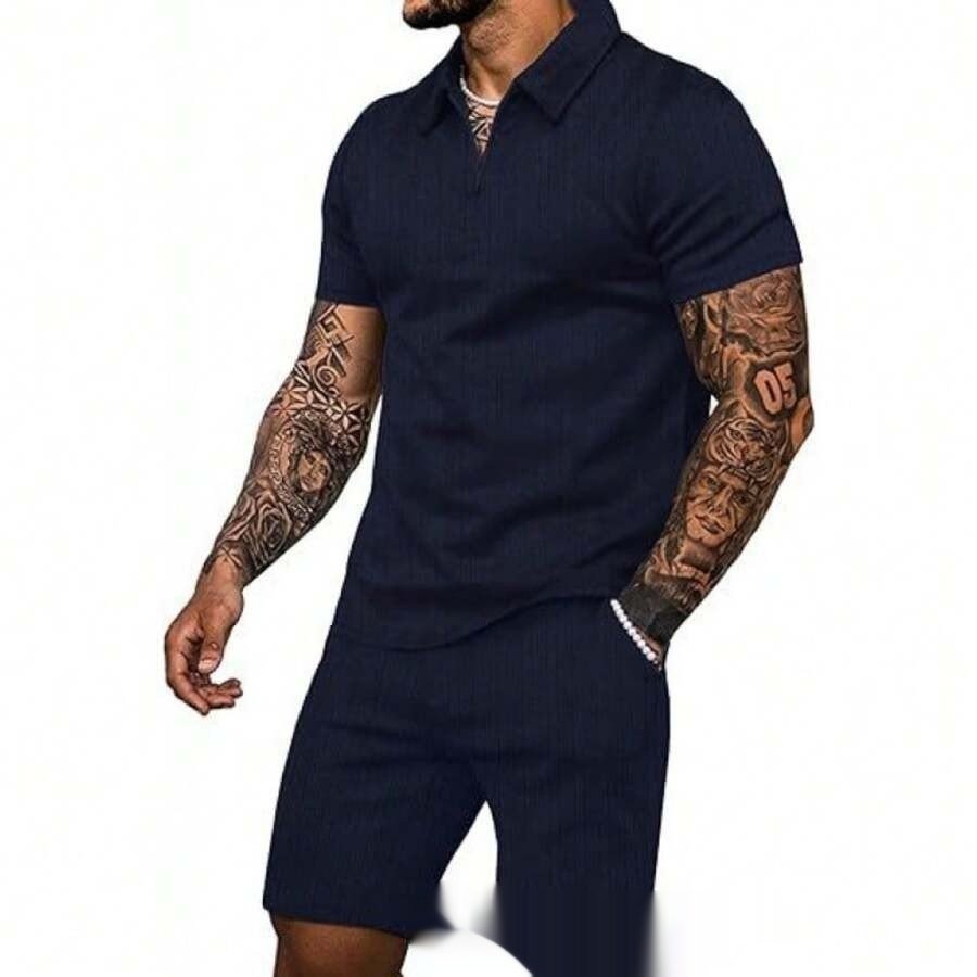 Zip Up Short Sleeve Shorts Men's Casual Set