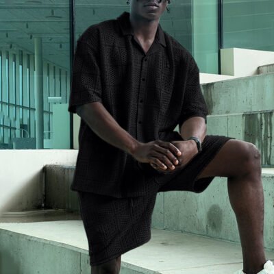 Mens Hollow-Out Lapel Button-Up Shirt And Loose Casual Shorts Set