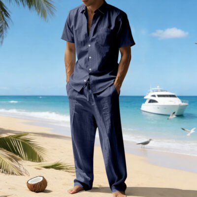 Linen Lapel Short-Sleeve Shirt And Casual Trousers Two-Piece Set For Men
