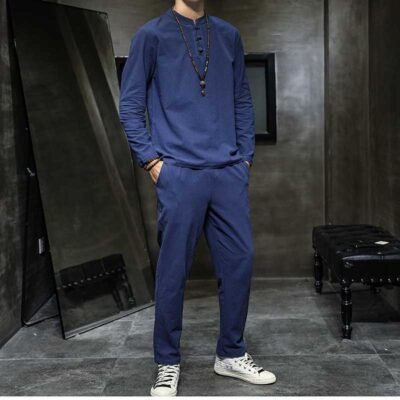 Men's Spring Cotton-Linen Long-Sleeve Top And Pants Set In Tang Suit Style