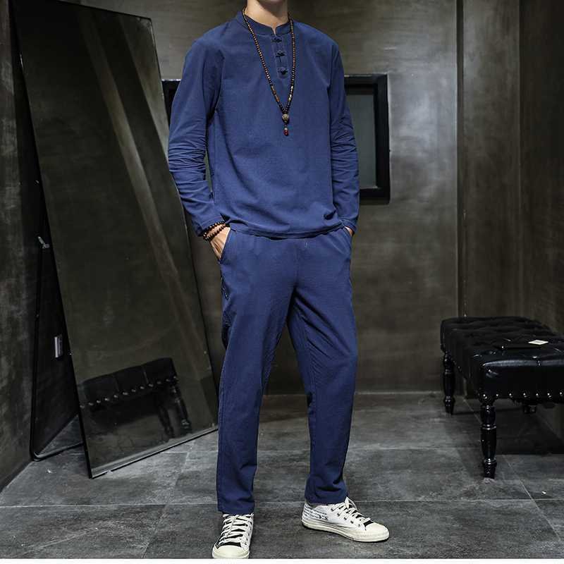 Men's Spring Cotton-Linen Long-Sleeve Top And Pants Set In Tang Suit Style