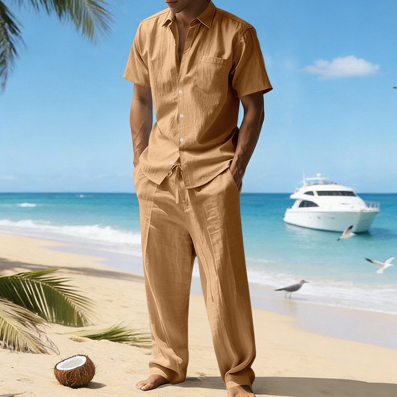 Linen Lapel Short-Sleeve Shirt And Casual Trousers Two-Piece Set For Men