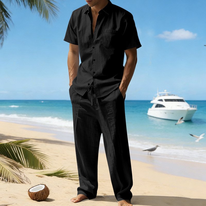 Linen Lapel Short-Sleeve Shirt And Casual Trousers Two-Piece Set For Men