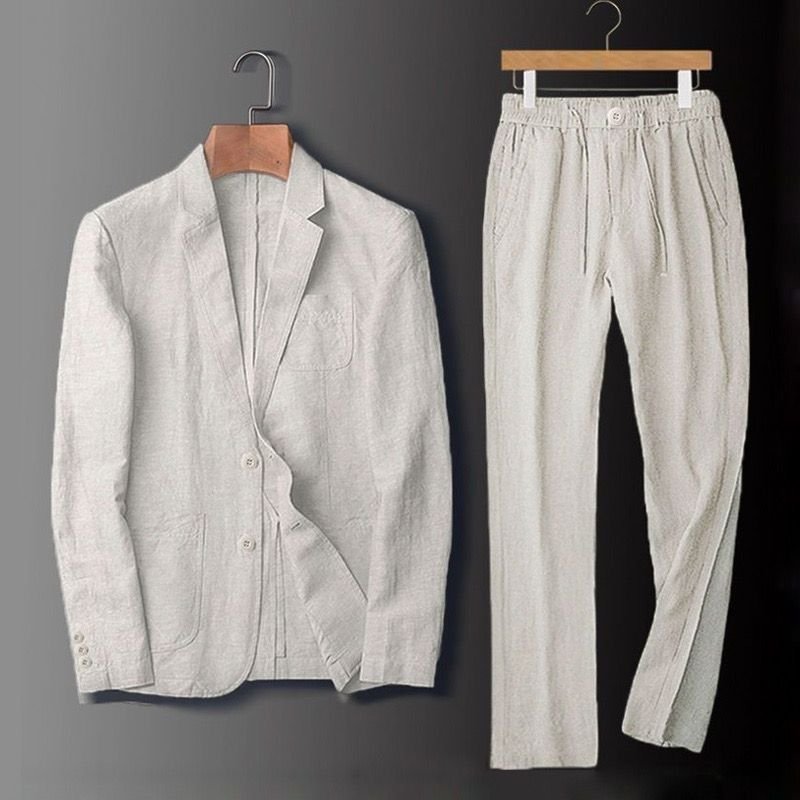 SpringSummer All-Linen Business-Casual Lightweight Breathable Mens Suit Set