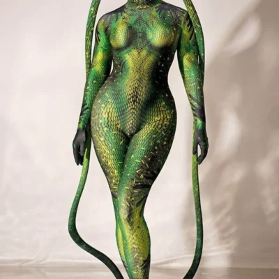 Halloween Rave Party Role-playing Stage Clothes Green bodysuit snake Spandex Stretch Skinny Jumpsuit Men Women Cosplay Costume