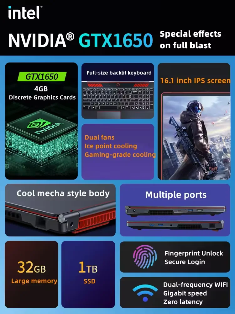 New 16.1 Inch Intel Core I9 9880H Gamer PC GTX1650 4G Integrated Card Core I9 9th Gen 32GB 16GB Business Gaming Laptop
