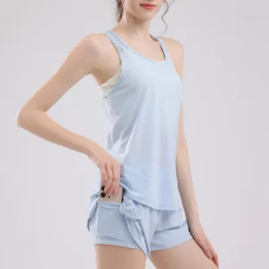 JAC22 TE001 Women's Summer Running Loose Quick-Drying Solid Top Yoga Vest Shorts Gym 2-Piece Set