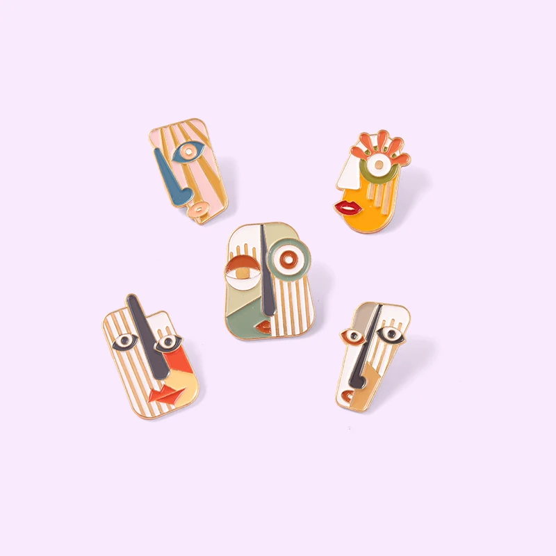 Art Retro Face Mask Metal Enamel Brooch Exaggerated Abstract Oil Painting Badge Fashion Lapel Backpack Jewelry Accessories Gift