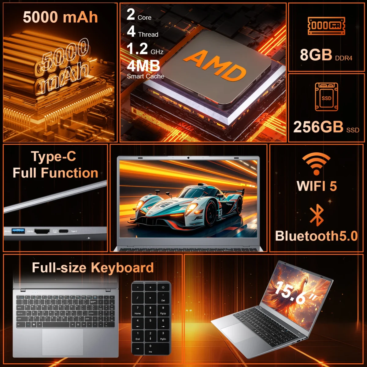15.6 Inch New Ordinateur Business Laptop Portable New Business Laptop AMD 8GB RAM 256GB SSD Windows 11 Pro Laptops Brand New