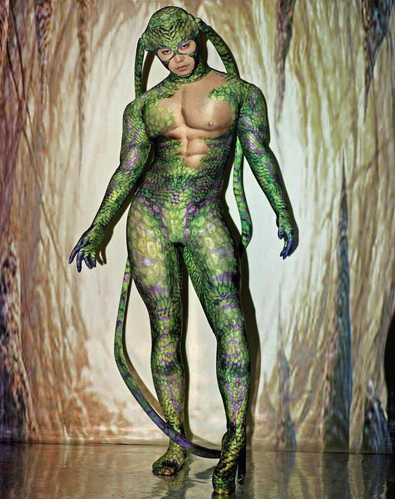Halloween Rave Party Role-playing Stage Clothes Green bodysuit snake Spandex Stretch Skinny Jumpsuit Men Women Cosplay Costume