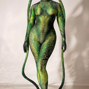 Halloween Rave Party Role-playing Stage Clothes Green bodysuit snake Spandex Stretch Skinny Jumpsuit Men Women Cosplay Costume