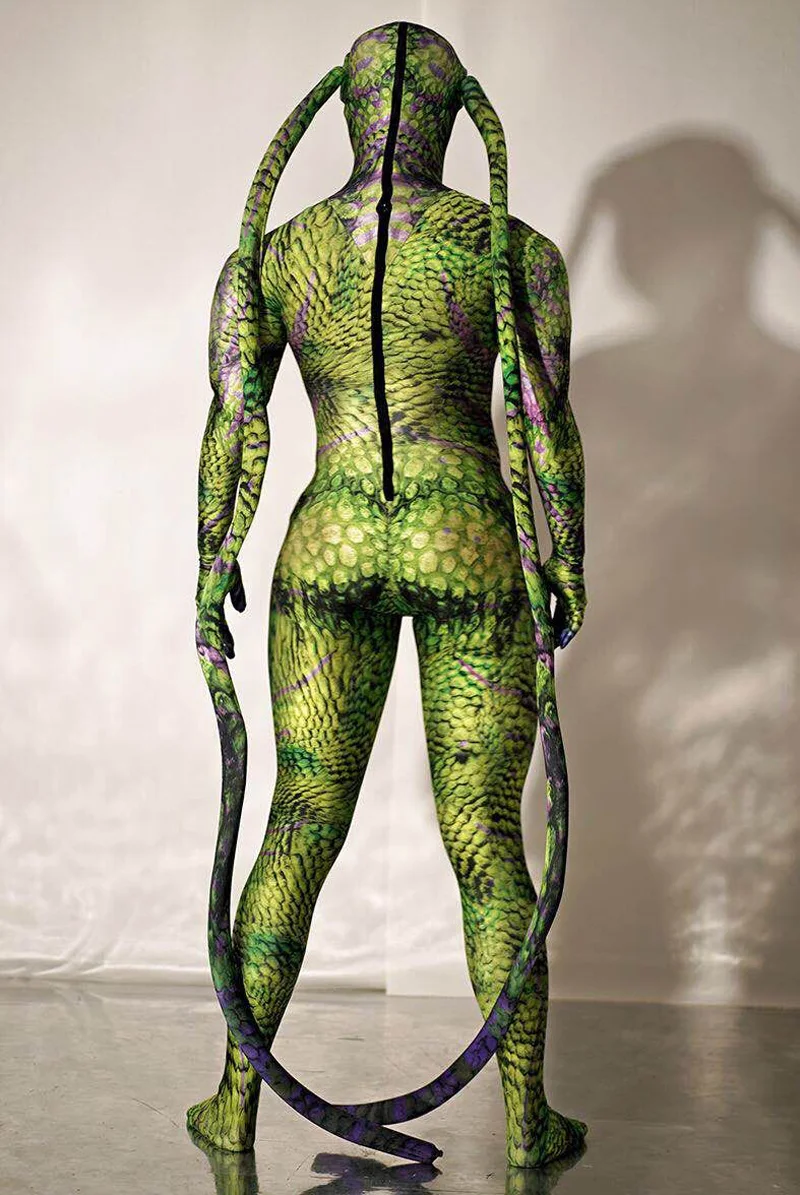 Halloween Rave Party Role-playing Stage Clothes Green bodysuit snake Spandex Stretch Skinny Jumpsuit Men Women Cosplay Costume