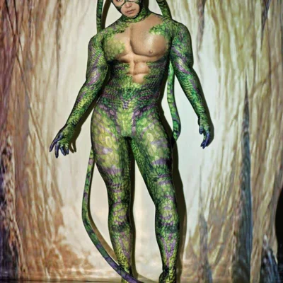 Halloween Rave Party Role-playing Stage Clothes Green bodysuit snake Spandex Stretch Skinny Jumpsuit Men Women Cosplay Costume