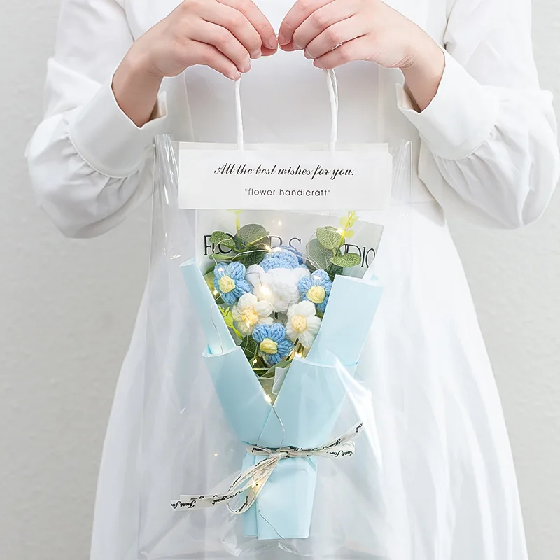 1PC Crochet Flowers Bouquet Finished Graduation Flower Bouquet with Gift Bag LED Lamp String Festival Decoration Handmade Gifts