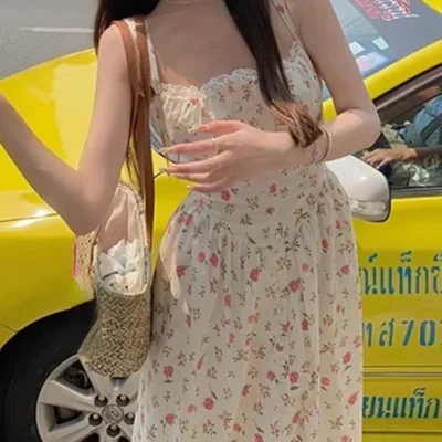 Elegant Women's Retro Printed Medium Length Dress Summer Fashion Beach Party Y2k Slim Fit Women Versatile Lace Suspender Dress