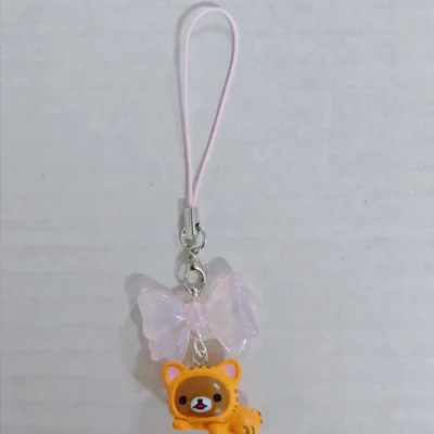 Cute Rilakkuma Korilakkuma Bear Pink Bow Cat Mascot Keychain PVC Bead Strap Keyring Keyholder Bag Pendant Phone Chain Toy