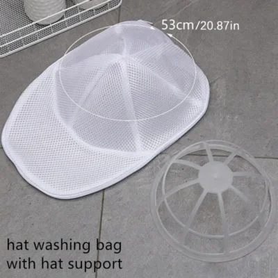 Hat washing bag, washing machine hat protection bag, hat cleaning laundry bag, anti-deformation mesh organizing bag with zipper.