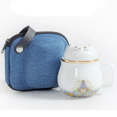 Portable Set of Tea Cup, Mug and 2-Cups,Wide Mouth, Easy to Clean, Keep Tea Hot,Steeping Loose Leaf Tea Bag,Cute Cat, 10.8oz