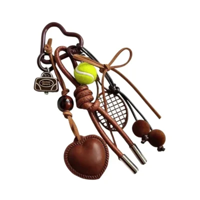 Vintage Brown Leather Bow Heart Pendant Fashion Tennis Keychain Braided Lanyard Key Ring Suitable for Women Bag Pendant