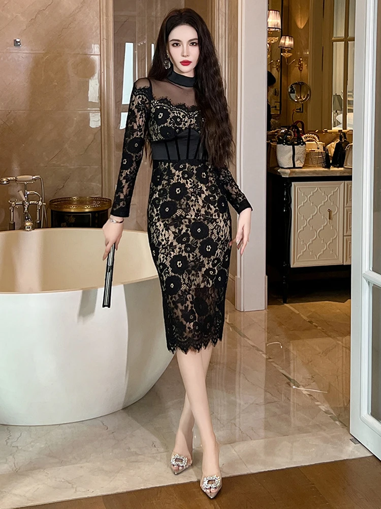 Fashion Ladies Black Lace Evening Dresses Women Clothing Elegant Chic Sexy Long Sleeve Slim Party Club Prom Dress Mujer Vestidos