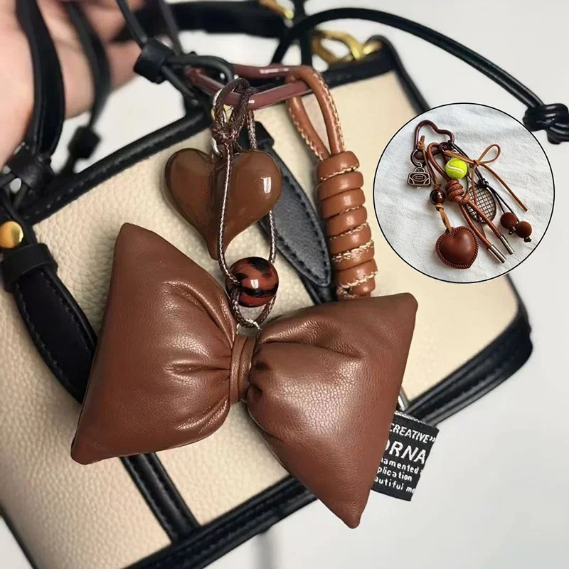 Vintage Brown Leather Bow Heart Pendant Fashion Tennis Keychain Braided Lanyard Key Ring Suitable for Women Bag Pendant