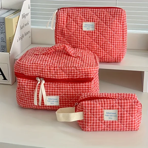 Plaid Makeup Bag Large Capacity Portable Cosmetic Bag For Women Girls Skincare Toiletry Bag Multifunctional Cute Wallet Pouch