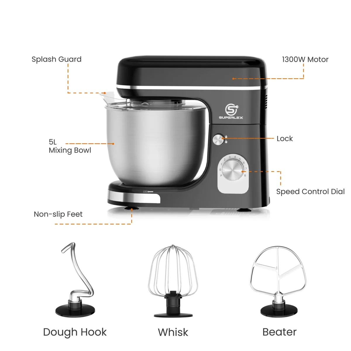 SUPERLEX 5L Stand Mixer 1300W Food Blender Silent Design Versatile Speed Control ABS housing paired With Bowl Stainless Mixer