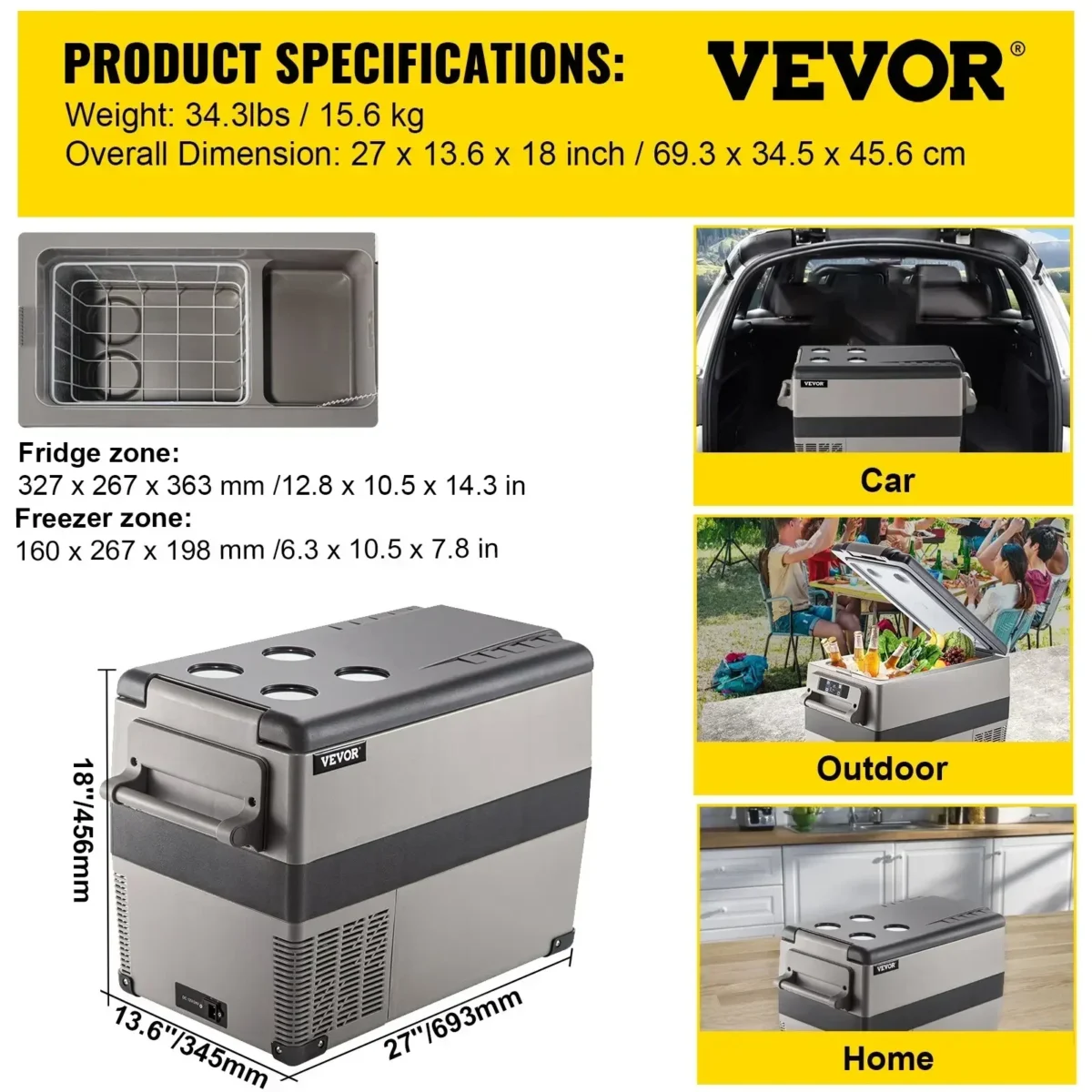 VEVOR Car Mini Refrigerator Mini Fridge 15-45L Freezer Portable Compressor Cooler 12/24V DC 110-240V Ice Box for Camping