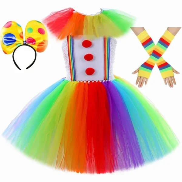 Halloween Funny Circus Clown Cosplay Costume for Kids Carnival Party Clothes Naughty Girls Rainbow Joker Clown Tutu Dress Outfit