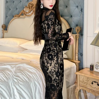 Fashion Ladies Black Lace Evening Dresses Women Clothing Elegant Chic Sexy Long Sleeve Slim Party Club Prom Dress Mujer Vestidos