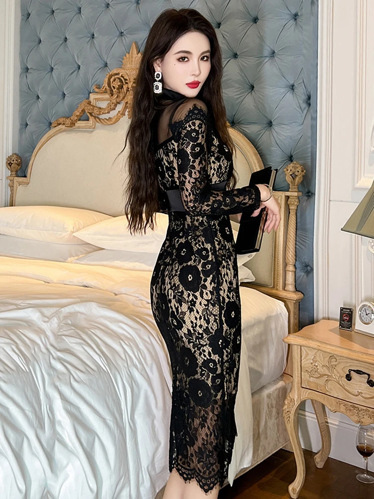 Fashion Ladies Black Lace Evening Dresses Women Clothing Elegant Chic Sexy Long Sleeve Slim Party Club Prom Dress Mujer Vestidos