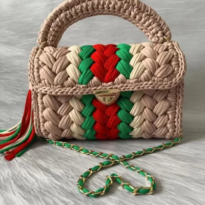Women's Purses Fabric Woven Bag Summer Bright Color Splicing Chain Tassel Pure Handmade Crochet Bag Luxury Designer Handbag
