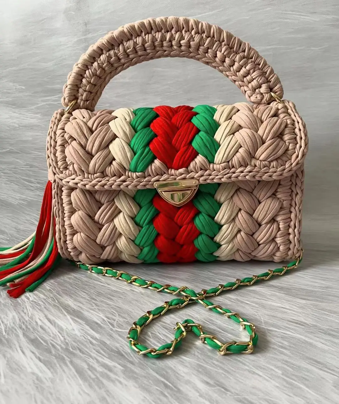 Women's Purses Fabric Woven Bag Summer Bright Color Splicing Chain Tassel Pure Handmade Crochet Bag Luxury Designer Handbag