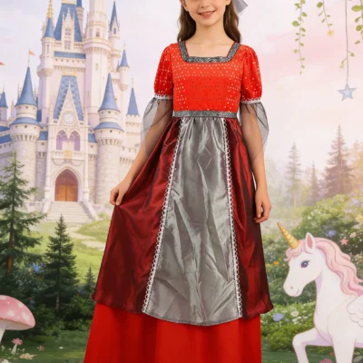 Girls' Outfit: 1 Long Witch Dress + 1 Red Pointed Hat; the Pointed Hat Can Fully Express Individuality and Give an Otherworldly Feel; the Soft and Flowing Black Fabric at the Top of the Hat and Sleeves Gives a Light and Agile Feel; Girls' Costumes for Halloween and Various Holiday Parties