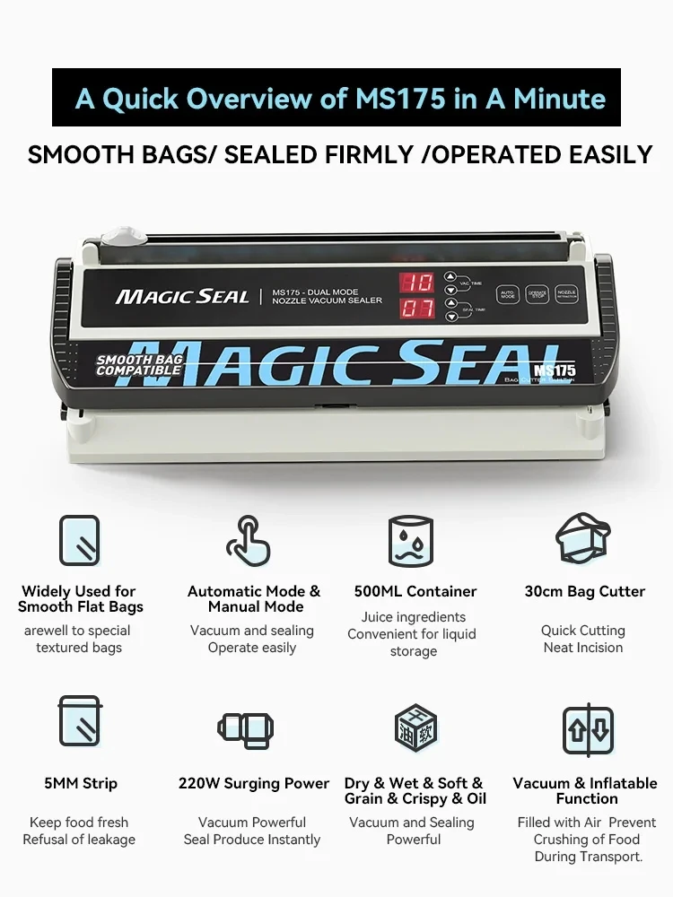 MAGIC SEAL MS175 Vacuum Sealer Machine For Sous Vide Food Plastic Bag Sealer Kitchen Packer Household Sealing Pakaging Machine