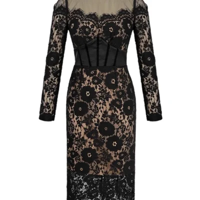 Fashion Ladies Black Lace Evening Dresses Women Clothing Elegant Chic Sexy Long Sleeve Slim Party Club Prom Dress Mujer Vestidos