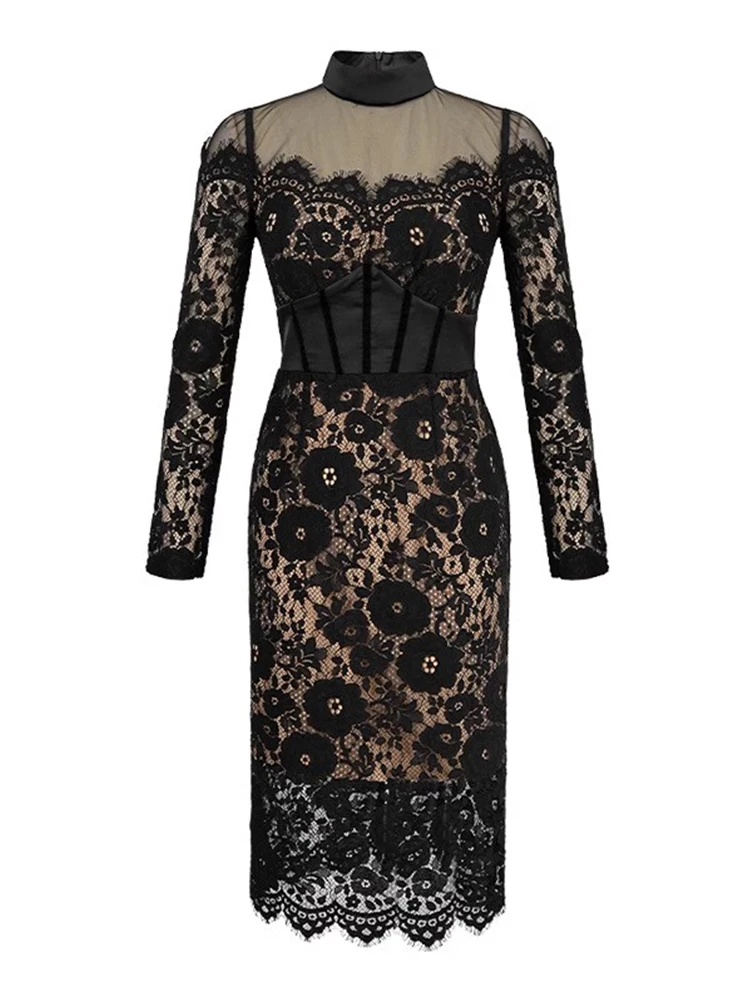 Fashion Ladies Black Lace Evening Dresses Women Clothing Elegant Chic Sexy Long Sleeve Slim Party Club Prom Dress Mujer Vestidos