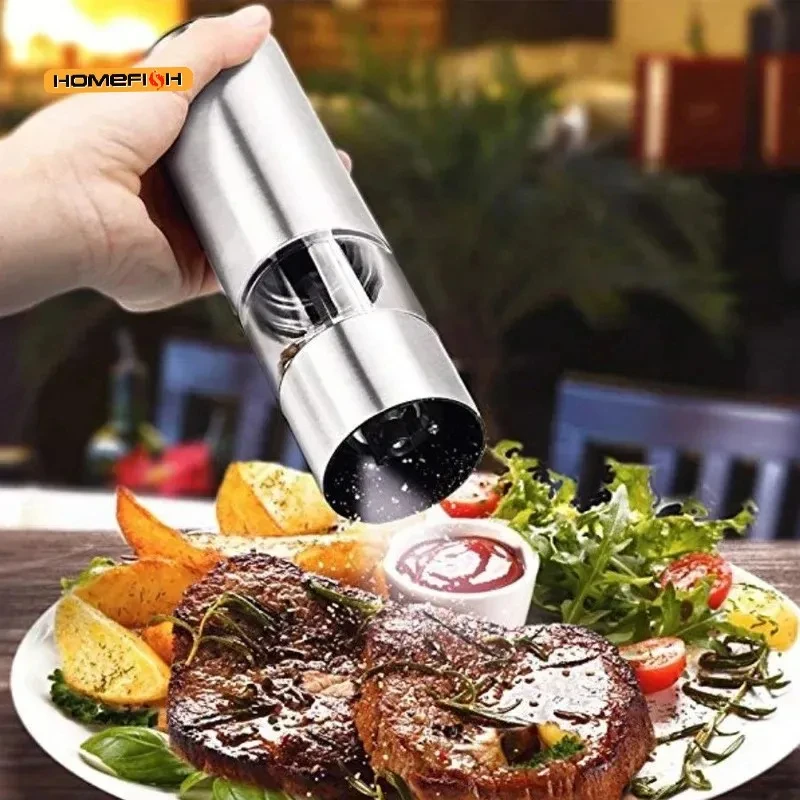 HOMEFISH Electric Salt And Pepper Grinder Set - Battery Operated Stainless Steel Mill With Light