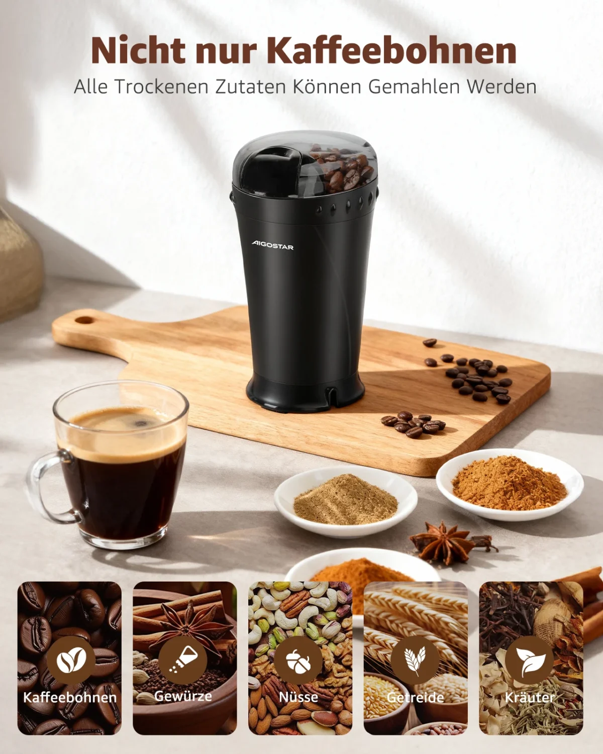 Aigostar Electric Coffee Grinder Spice Mill Coffee Grinder for Coffee Beans, Grains, Spices and Nuts, Stainless Steel Blade, 60g