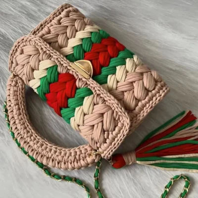 Women's Purses Fabric Woven Bag Summer Bright Color Splicing Chain Tassel Pure Handmade Crochet Bag Luxury Designer Handbag