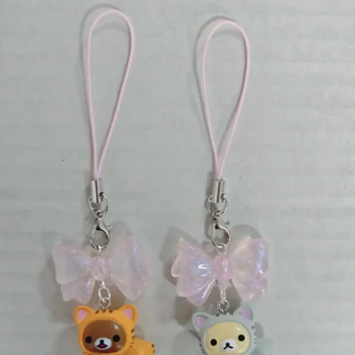 Cute Rilakkuma Korilakkuma Bear Pink Bow Cat Mascot Keychain PVC Bead Strap Keyring Keyholder Bag Pendant Phone Chain Toy