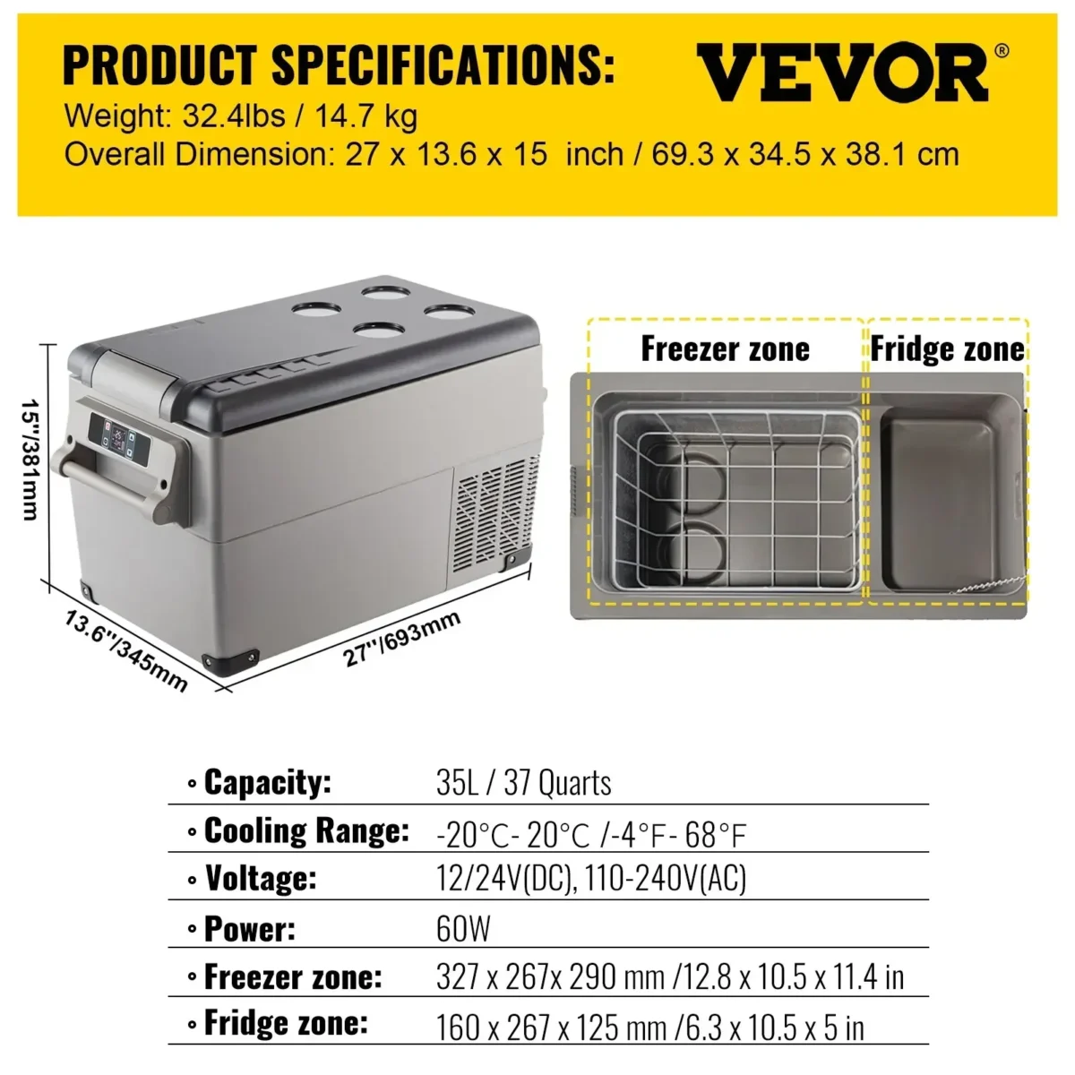 VEVOR Car Mini Refrigerator Mini Fridge 15-45L Freezer Portable Compressor Cooler 12/24V DC 110-240V Ice Box for Camping