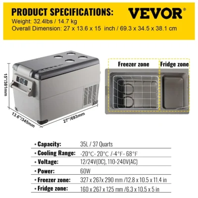 VEVOR Car Mini Refrigerator Mini Fridge 15-45L Freezer Portable Compressor Cooler 12/24V DC 110-240V Ice Box for Camping