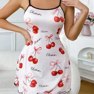 Cherry Printed Slip Nightdress Women Sleepwear Straps Sleep Mini Dress Nighties Nightgown Loungewear Valentine's Day Gift