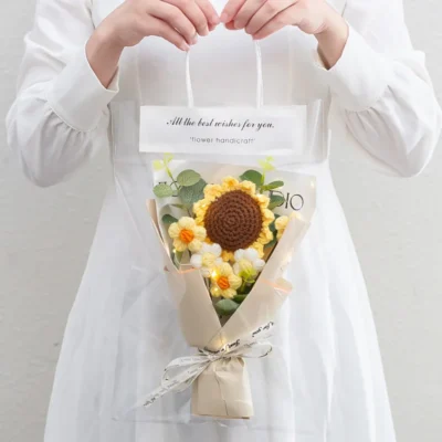 1PC Crochet Flowers Bouquet Finished Graduation Flower Bouquet with Gift Bag LED Lamp String Festival Decoration Handmade Gifts