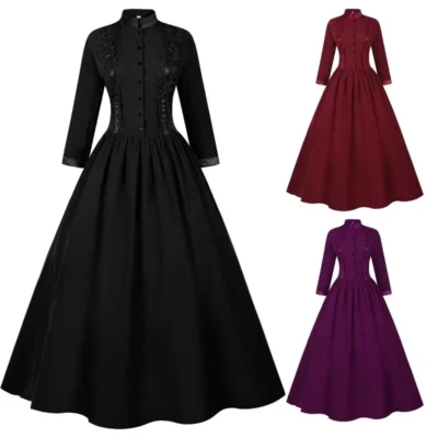 Halloween Medieval Costume for Women Long Vintage Gown with Flared Hem Themed Party Dress