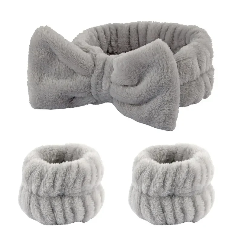 Spa Headband with Wrist Towels for Face Washing Set Elastic Bow Headbands with Highly Absorbent Wristbands for Shower Skincare