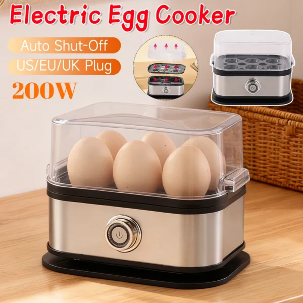 200W Power Eggs Boiler Space Saving Auto Shut-Off Smart Egg Cooker 6 Eggs Capacity Stainless Steel Rapid Egg Cooker Mini Steamer