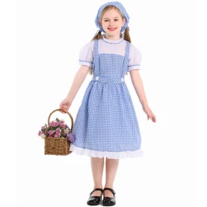 Halloween Costume Girls Blue Checkered Dress Headscarf 2pcs Set French Maid Cosplay Outfit Anime Lolita Party Dress