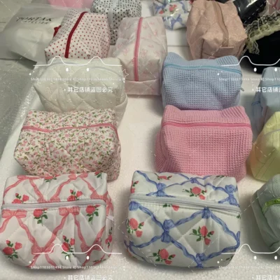 New Bow Cosmetic Bag Pink Flower Makeup Organizer Skincare Perfect Gift Washing Bag For Travel Cosmetics Storage Bag